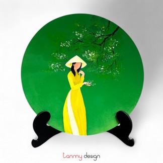 Green round lacquer plate hand-painted with girl (  included with stand) 30 cm ( different samples )